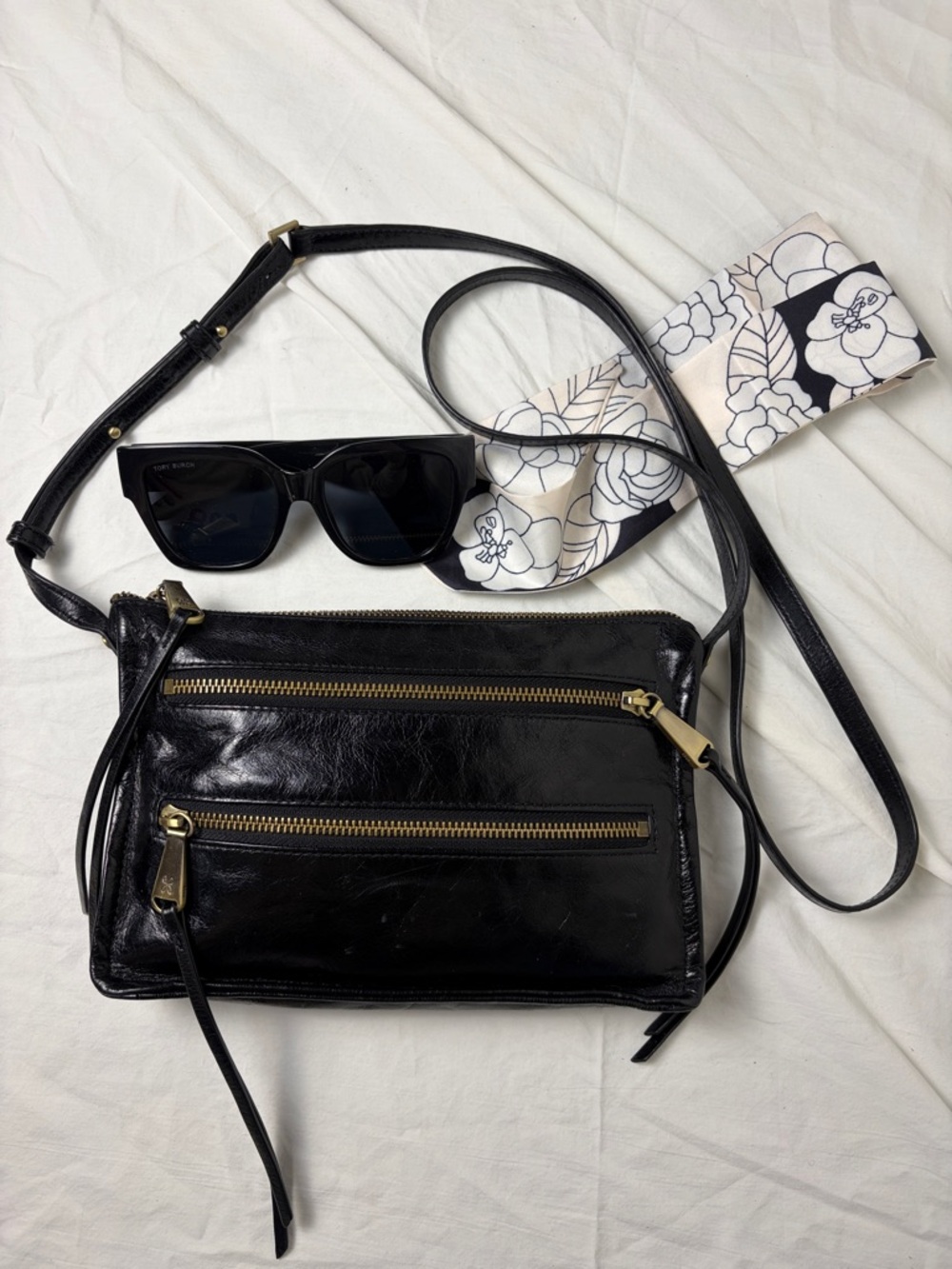 HOBO Black Glazed Leather Crossbody Bag | Slim Zip Pocket Shoulder Purse